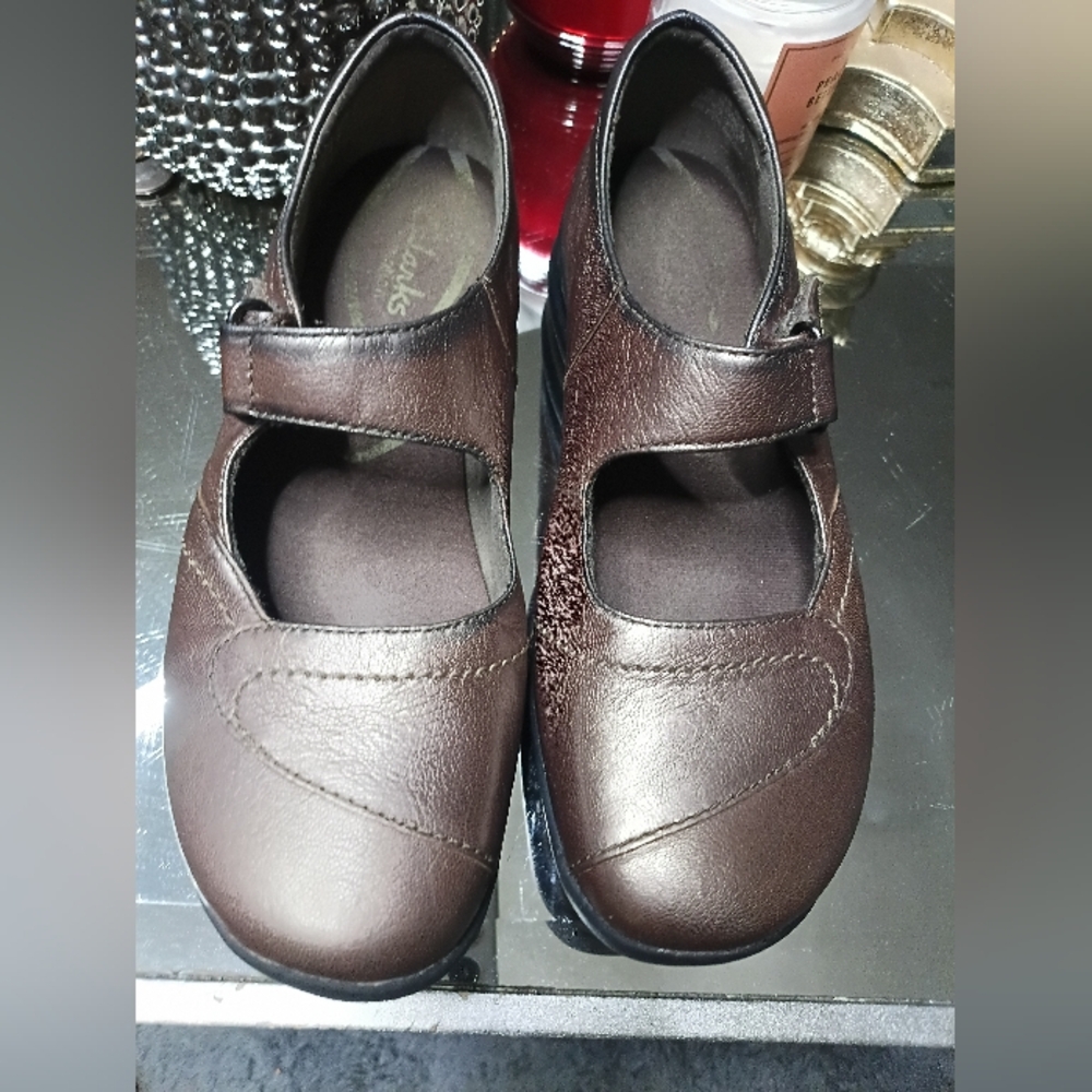 Clarks Brown Leather Mary-Jane Clogs with Hook-and-Loop Strap